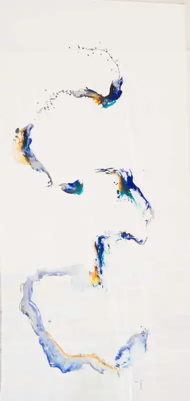 Ultramarine, turquoise, turmeric, ocher, arabic gum, on silk chiffon. 2020 - 300x143 cm - 118x56 inches