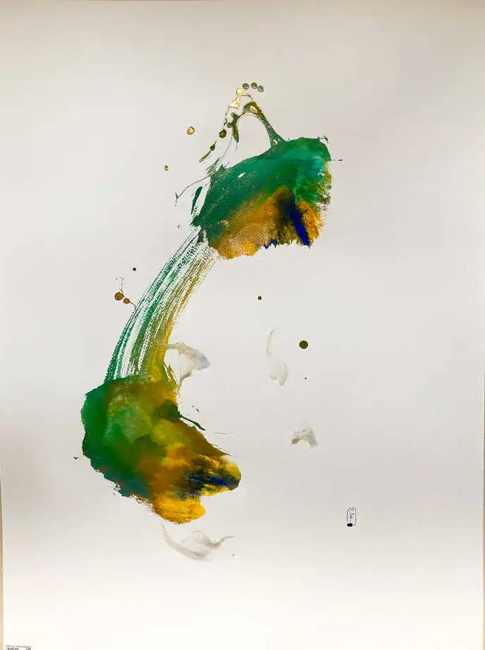 Turmeric, Turquoise, Ultramarine, Golden powder, Arabic gum
On paper 300g
2021 - Framed : 92 X 71 cm - 36 x 28 inches
Private Collection