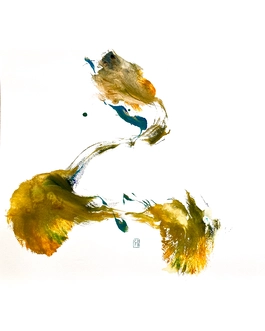 Turmeric, Turquoise, Ultramarine, Golden powder, Arabic gum, on paper 300g/m2