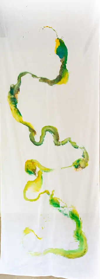 Turmeric, Turquoise, Ultramarine, Golden powder, Arabic gum
On « Mul-mul » cotton
2021 - 300 X 114 cm - 118 x 44.9 inches