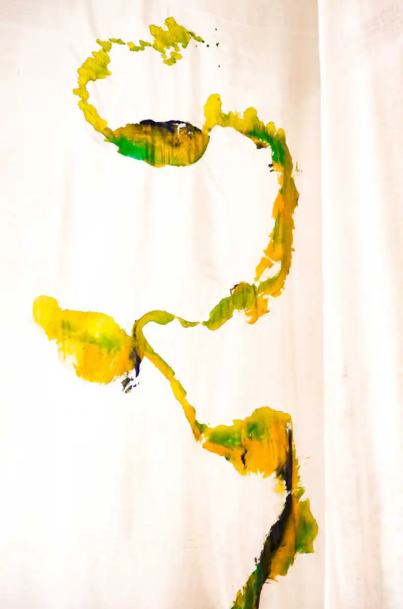 Turmeric, Turquoise, Ultramarine, Golden powder, Arabic gum
On silk
2021 - 300 X 114 cm - 118 x 44.9 inches