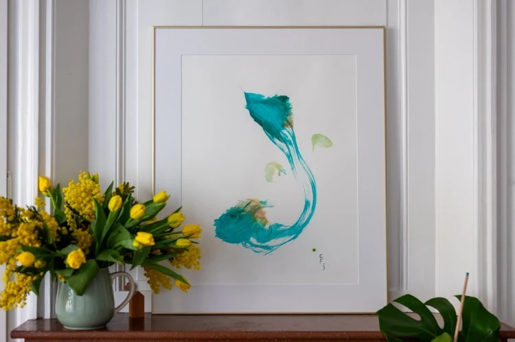 Turquoise, Emerald, golden powder on paper 300g/m2