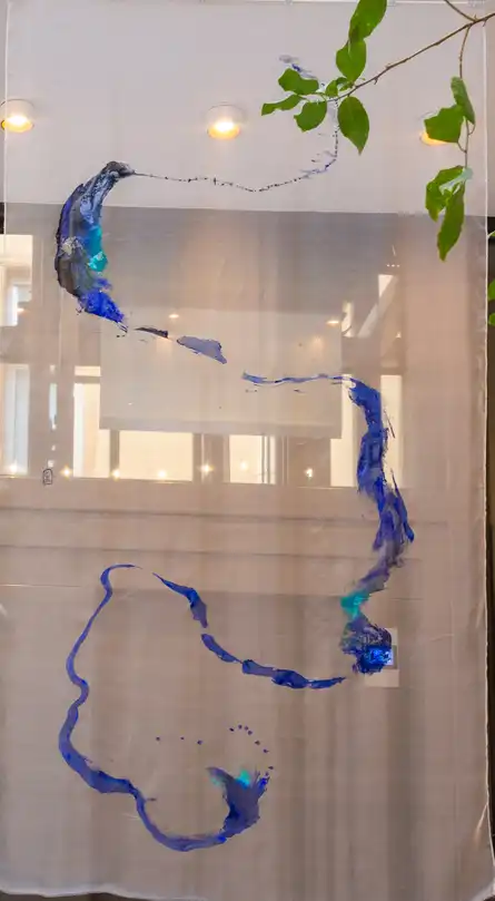 Ultramarine, Emerald, Ocher, on silk « Crépeline »
117 cm x 224 cm 46 inches x 88 inches. 