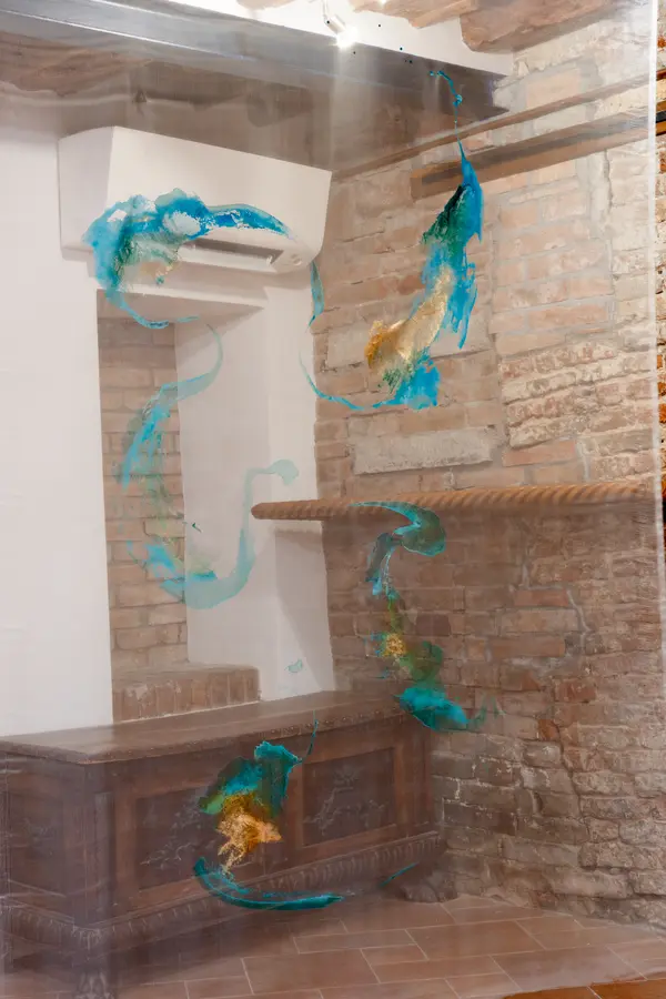 Turquoise, Emerald, golden powder on silk - 2023
139 x 200cm - 55 x 79 inches