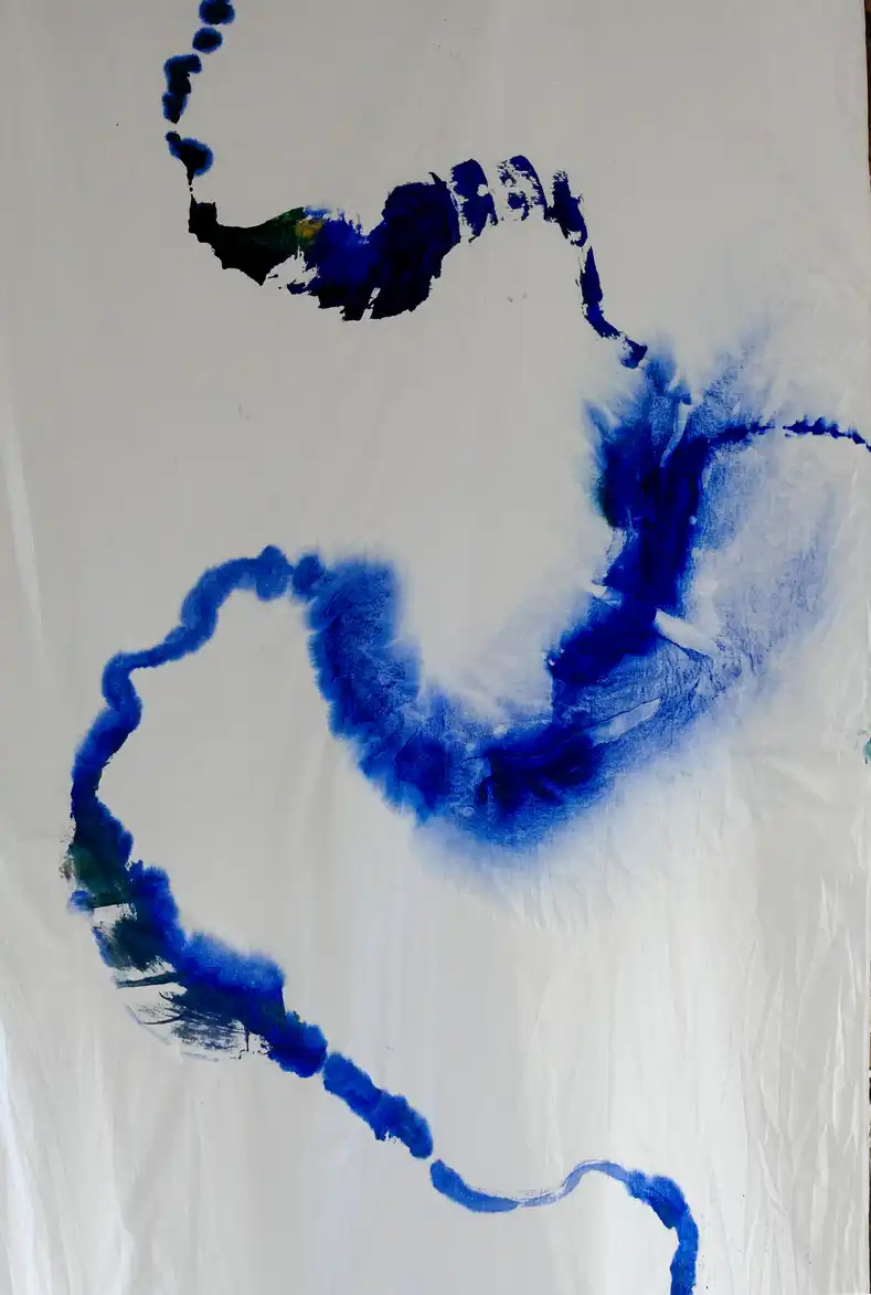 Ultramarine, emerald, turquoise and arabic gum on cotton
250 cm X 100 cm - 98,5 inches X 40 inches