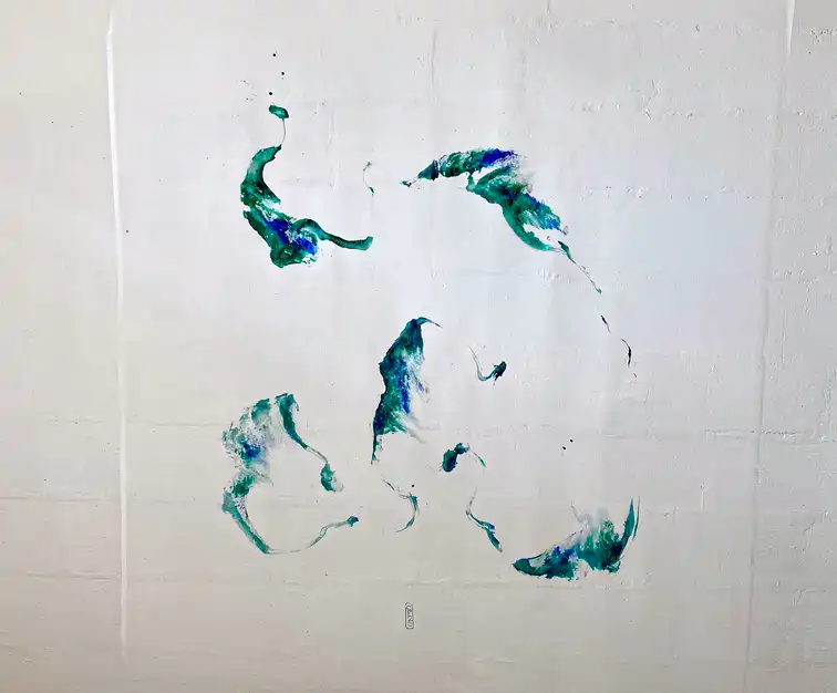 Emerald and arabic gum on transparent silk
150cm X 140cm - 55 inches X 59 inches